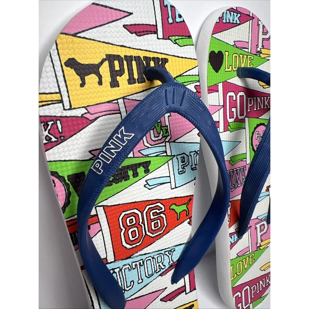 Victoria's Secret PINK Flip Flops Large Collegiate Pennant Love Spirit New